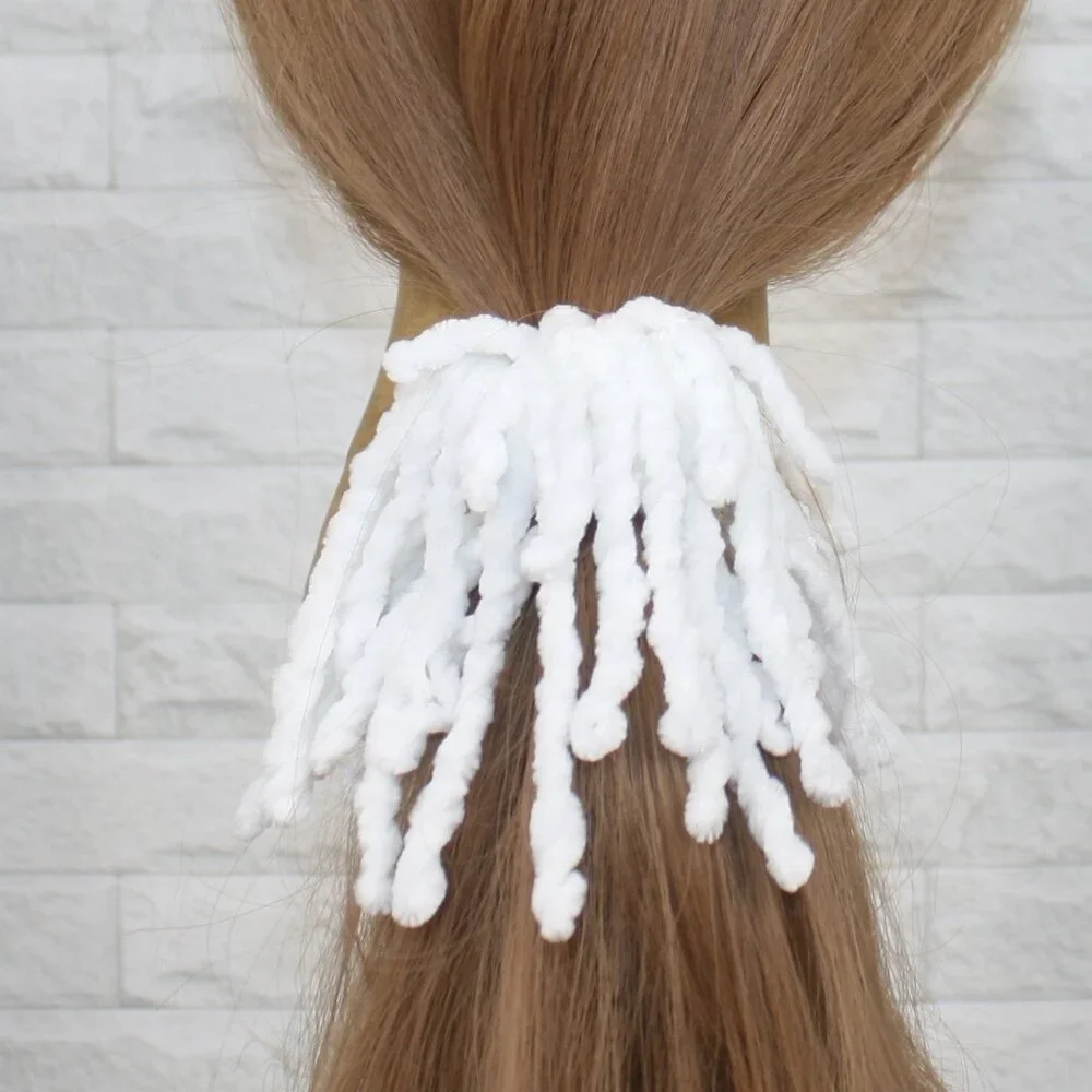 HAND CRAFTED Hair Scrunchie Fringe Crochet Kids Chenille White Cloud Dancer